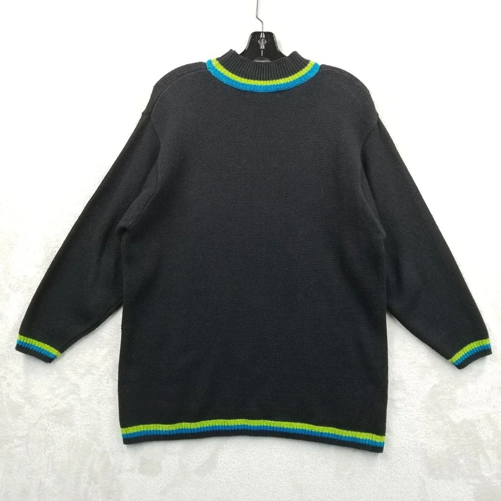 Vintage Sweater Women L‎ Black Argyle Moch Neck Chenille Trim Oversized Tunic